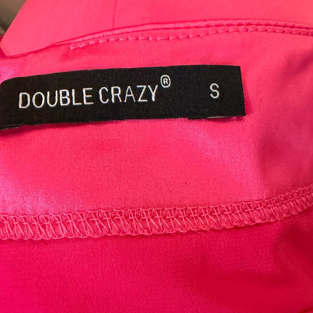 Double Crazy Hot Pink Puffed Sleeve Ruched Waist Satin Mini Dress - Size Small - Picture 6 of 8